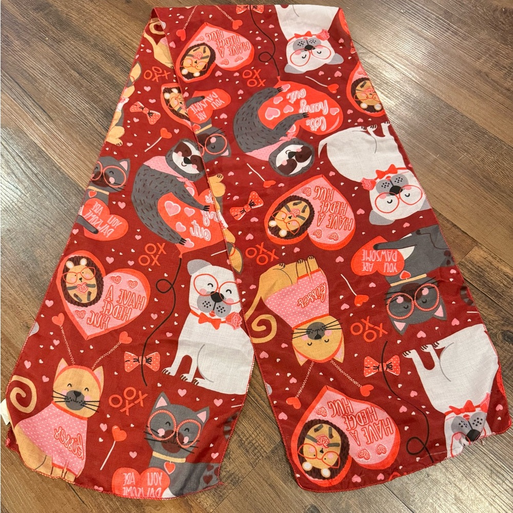 Valentine Red Heart Animal Print Scarf Hedgehog Dog Cat Sloth Kitty 10.5”x59”